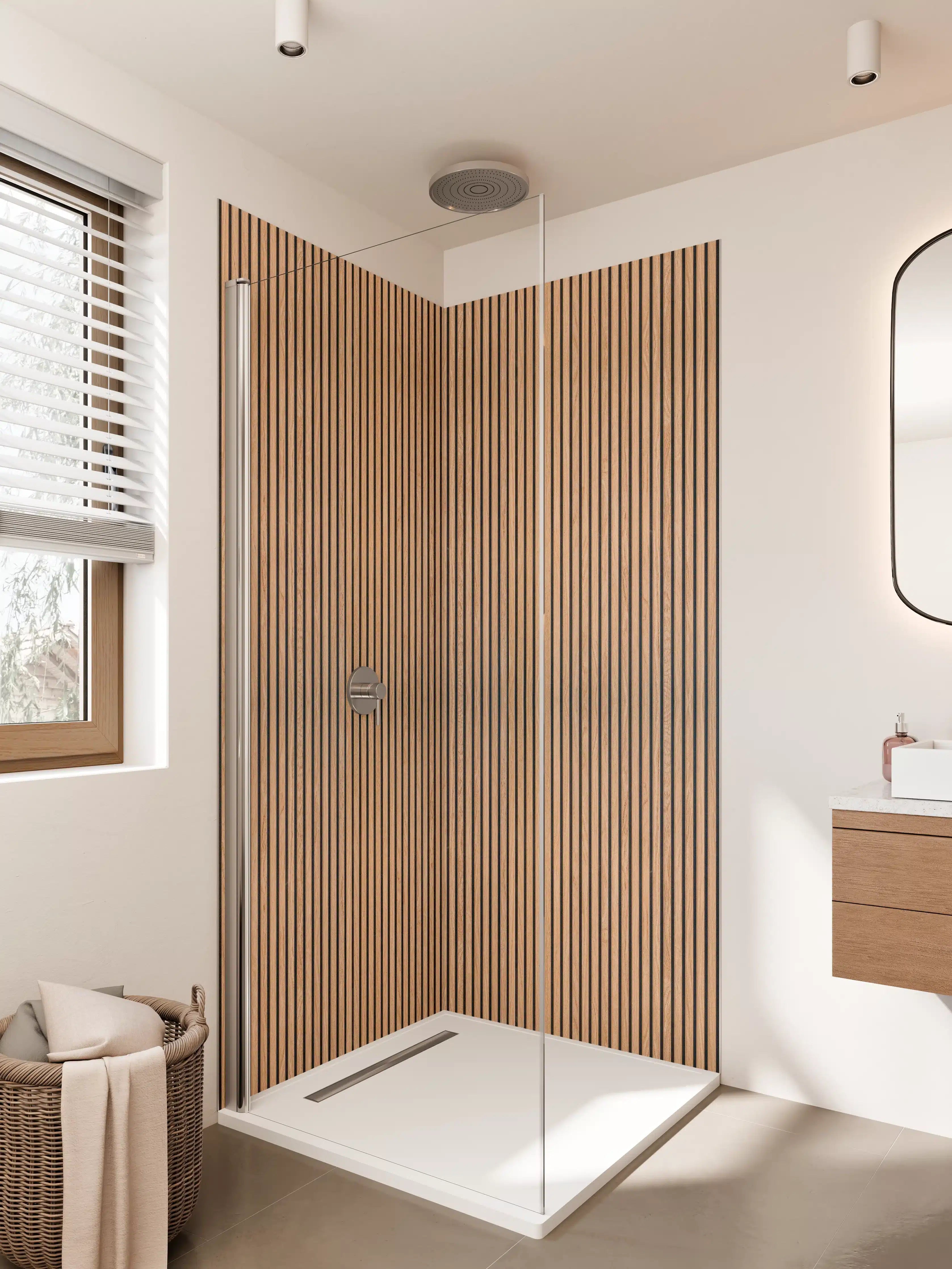 Duschrückwand - Holzstruktur mit feinen Linien und warmem Braunton