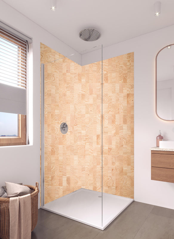 Duschrückwand - Holztextur aus Eschenholz in hellem Badezimmer mit Regenduschkopf  - zweiteilige Eck-Duschrückwand