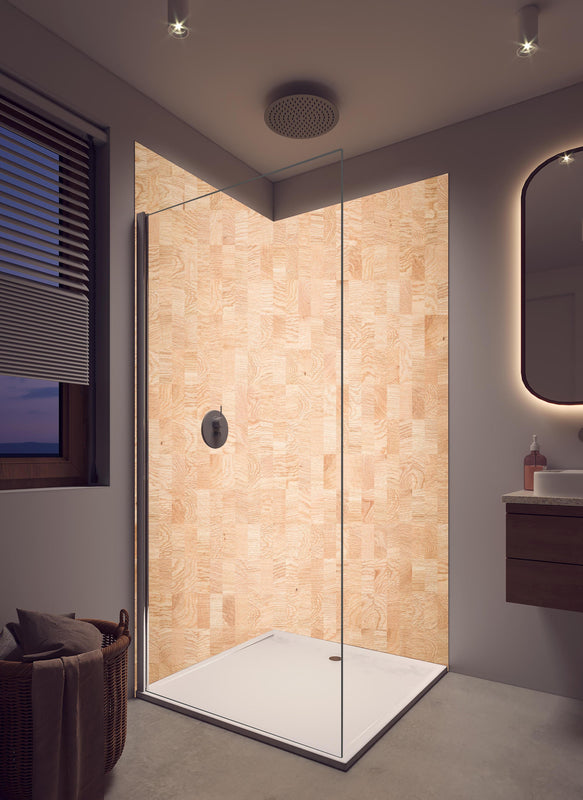 Duschrückwand - Holztextur aus Eschenholz in hellem Badezimmer mit Regenduschkopf  - zweiteilige Eck-Duschrückwand