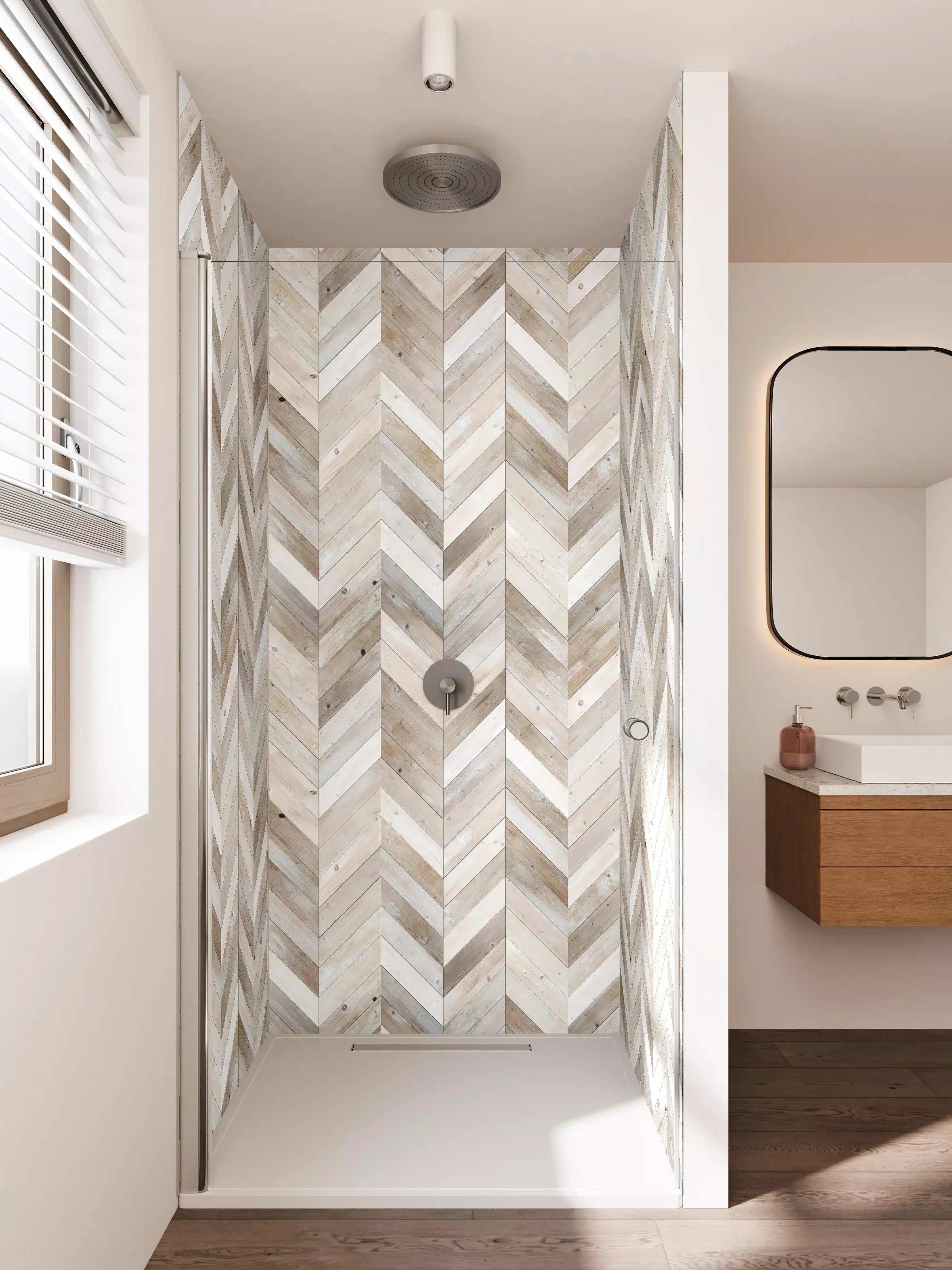 Duschrückwand - Hübscher Holzmuster im Zickzack-Design