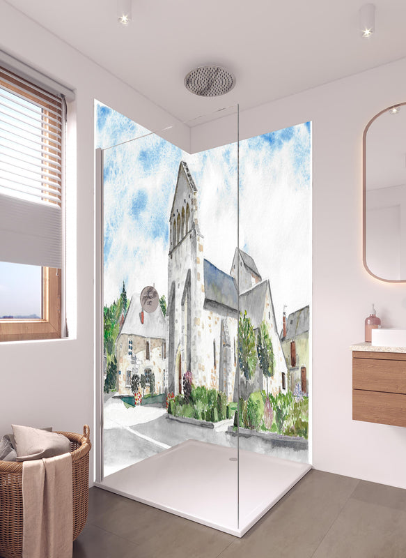 Duschrückwand - Idyllisches französisches Dorf in hellem Badezimmer mit Regenduschkopf  - zweiteilige Eck-Duschrückwand