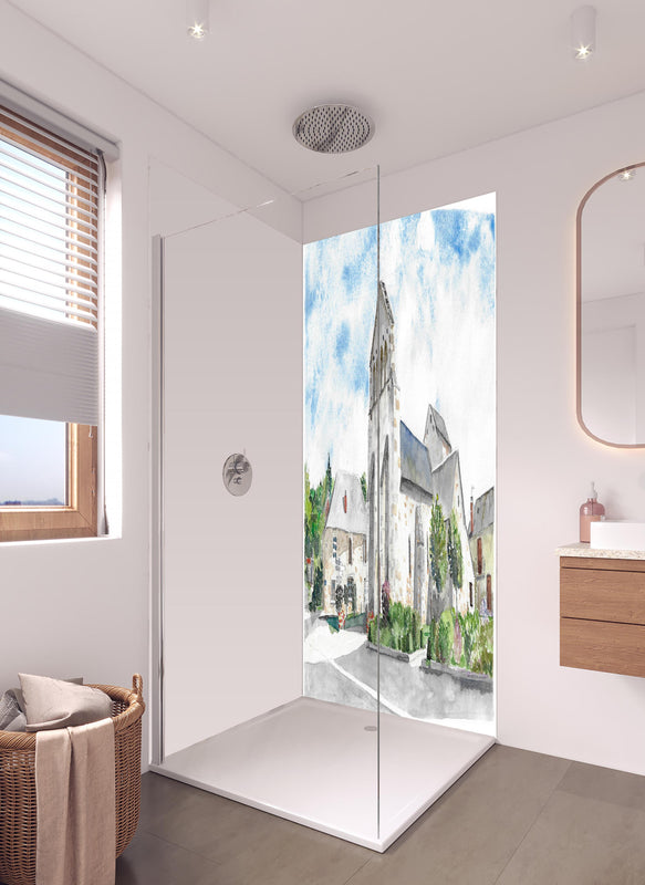 Duschrückwand - Idyllisches französisches Dorf in hellem Badezimmer mit Regenduschkopf  - zweiteilige Eck-Duschrückwand
