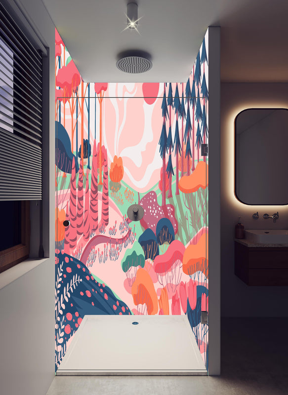 Duschrückwand - Illustrative Waldszene in Pastellfarbtönen in hellem Badezimmer mit Regenduschkopf  - zweiteilige Eck-Duschrückwand