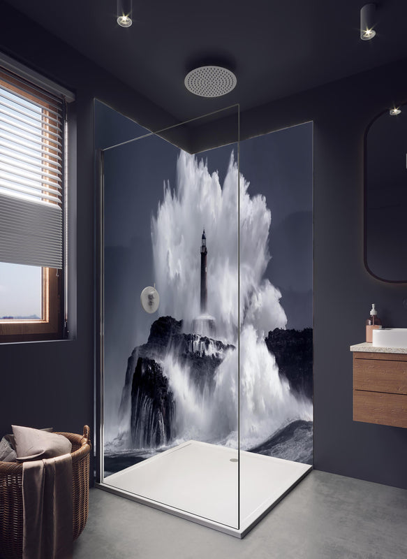 Duschrückwand - Insel mit großen Wellen in hellem Badezimmer mit Regenduschkopf  - zweiteilige Eck-Duschrückwand