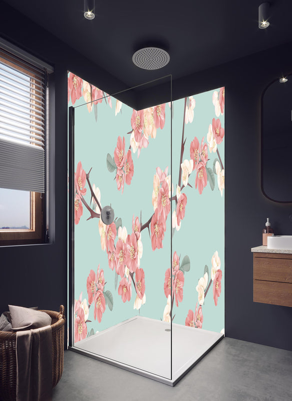 Duschrückwand - Japanische Quitten Blumen Muster Pastellblau in hellem Badezimmer mit Regenduschkopf  - zweiteilige Eck-Duschrückwand