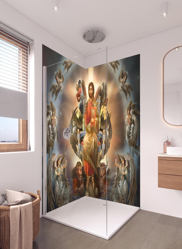 Duschrückwand - Jesus Christus auf dem Thron in seiner Herrlichkeit in hellem Badezimmer mit Regenduschkopf  - zweiteilige Eck-Duschrückwand