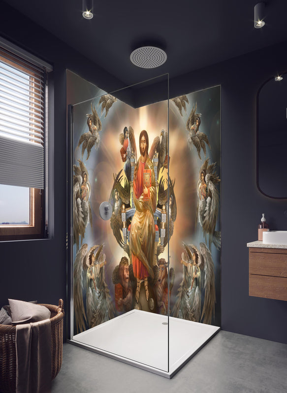Duschrückwand - Jesus Christus auf dem Thron in seiner Herrlichkeit in hellem Badezimmer mit Regenduschkopf  - zweiteilige Eck-Duschrückwand
