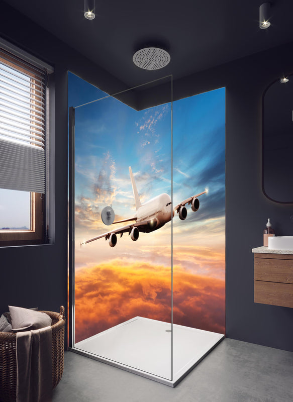 Duschrückwand - Jet im Sonnenuntergang über Wolken in hellem Badezimmer mit Regenduschkopf  - zweiteilige Eck-Duschrückwand
