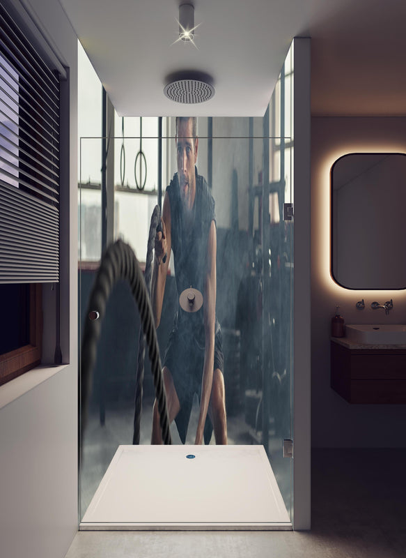 Duschrückwand - Junger Mann der trainiert in hellem Badezimmer mit Regenduschkopf  - zweiteilige Eck-Duschrückwand