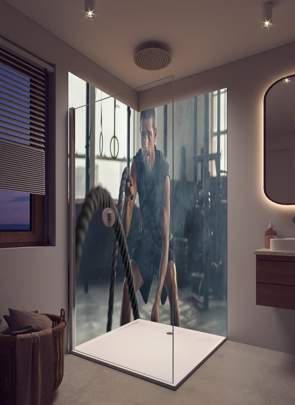 Duschrückwand - Junger Mann der trainiert in hellem Badezimmer mit Regenduschkopf  - zweiteilige Eck-Duschrückwand