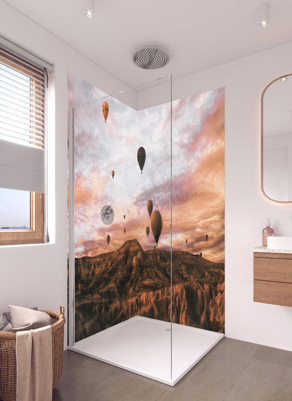 Duschrückwand - Kappadokien - Heißluft Ballons in hellem Badezimmer mit Regenduschkopf  - zweiteilige Eck-Duschrückwand