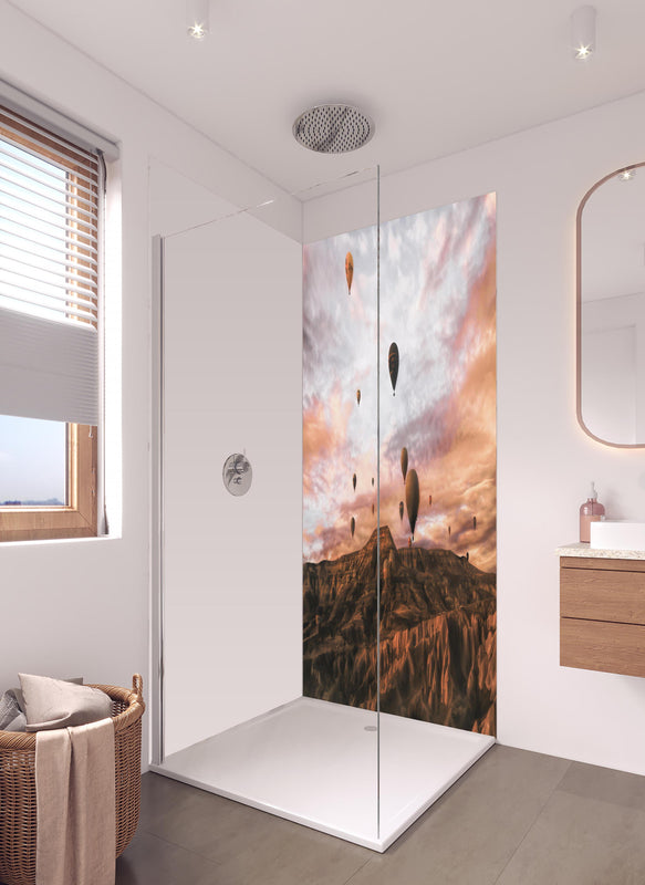 Duschrückwand - Kappadokien - Heißluft Ballons in hellem Badezimmer mit Regenduschkopf  - zweiteilige Eck-Duschrückwand