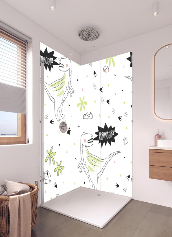 Duschrückwand - Kinder Dino Cartoon Muster in Weiß-Grün in hellem Badezimmer mit Regenduschkopf  - zweiteilige Eck-Duschrückwand