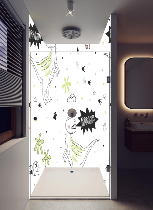 Duschrückwand - Kinder Dino Cartoon Muster in Weiß-Grün in hellem Badezimmer mit Regenduschkopf  - zweiteilige Eck-Duschrückwand