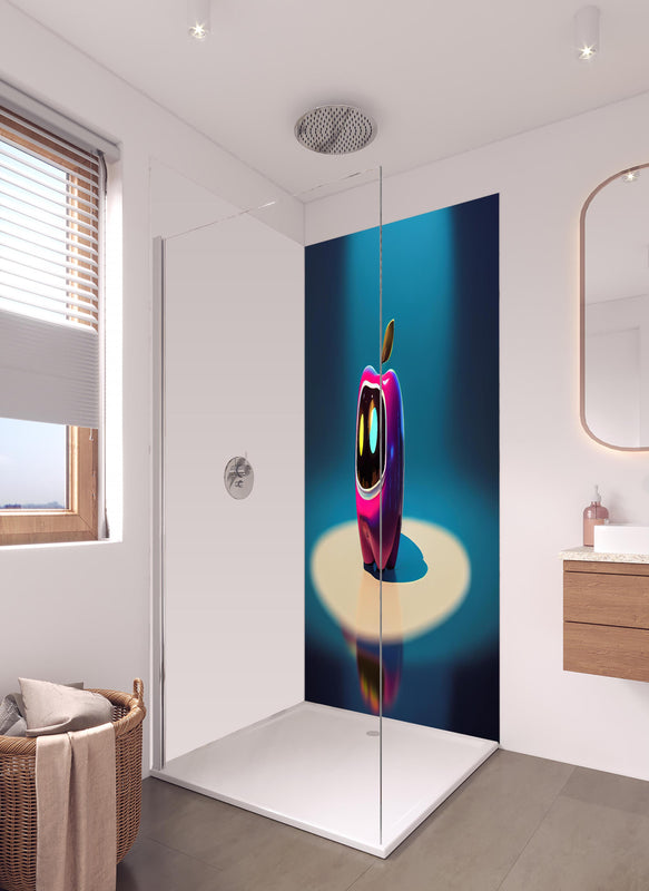 Duschrückwand - Kindermotiv - 3D Apfelroboter  in hellem Badezimmer mit Regenduschkopf  - zweiteilige Eck-Duschrückwand