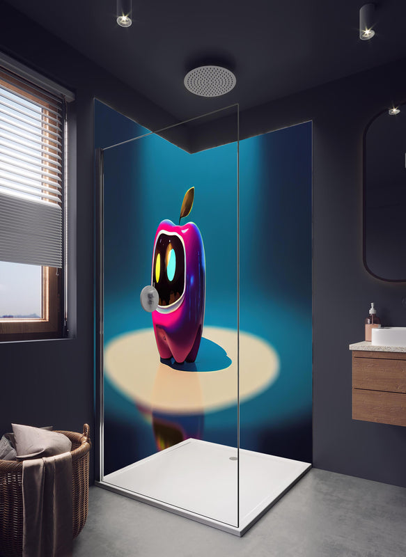 Duschrückwand - Kindermotiv - 3D Apfelroboter  in hellem Badezimmer mit Regenduschkopf  - zweiteilige Eck-Duschrückwand