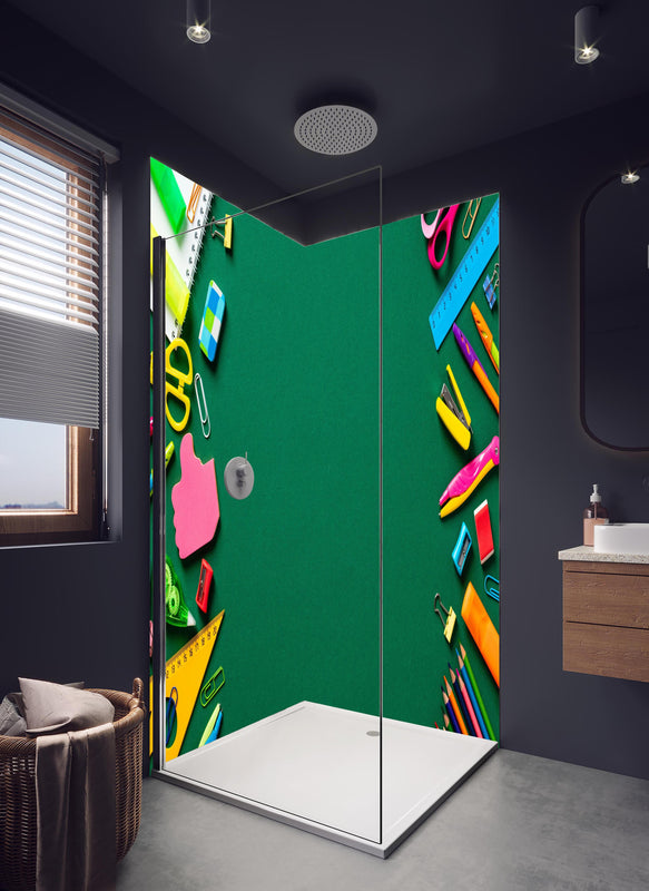 Duschrückwand - Kindermotiv - Schulsachen in hellem Badezimmer mit Regenduschkopf  - zweiteilige Eck-Duschrückwand