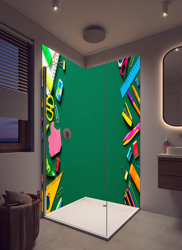 Duschrückwand - Kindermotiv - Schulsachen in hellem Badezimmer mit Regenduschkopf  - zweiteilige Eck-Duschrückwand