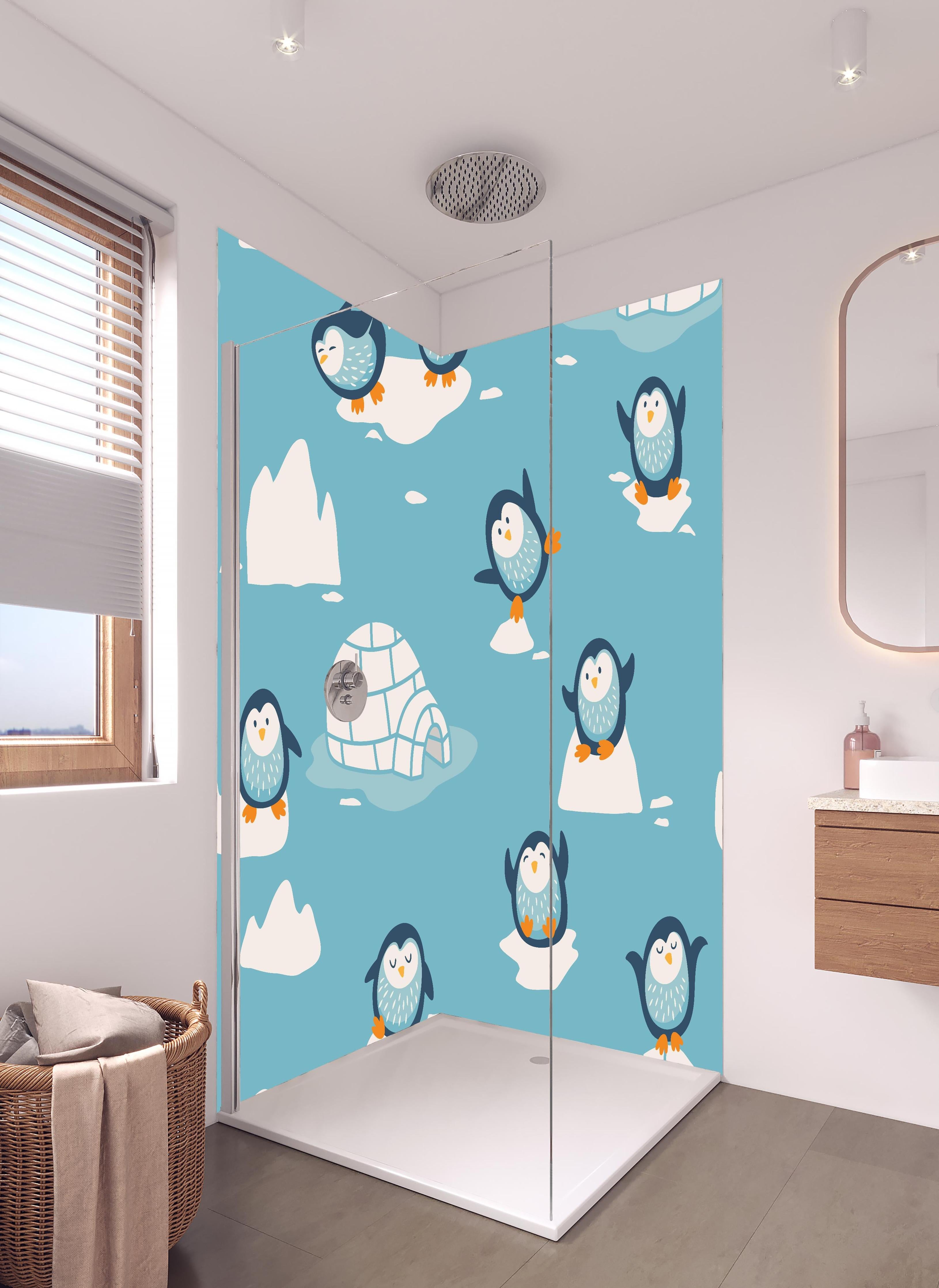 Duschrückwand - Kindlich-verspielte Pinguin-Textilillustration in hellem Badezimmer mit Regenduschkopf  - zweiteilige Eck-Duschrückwand