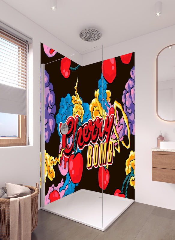 Duschrückwand - Kirschbombe Graphik in hellem Badezimmer mit Regenduschkopf  - zweiteilige Eck-Duschrückwand