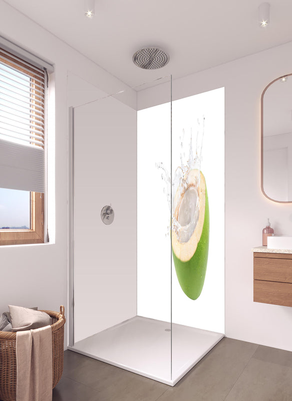 Duschrückwand - Kokosnuss mit Kokosmilch in hellem Badezimmer mit Regenduschkopf  - zweiteilige Eck-Duschrückwand