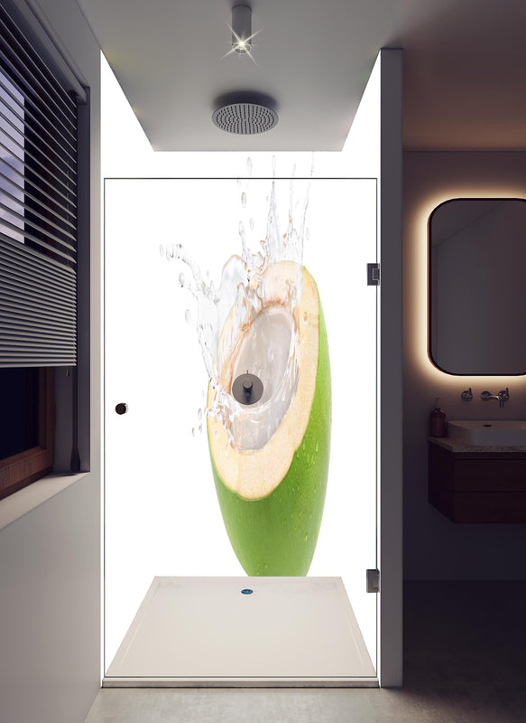 Duschrückwand - Kokosnuss mit Kokosmilch in hellem Badezimmer mit Regenduschkopf  - zweiteilige Eck-Duschrückwand