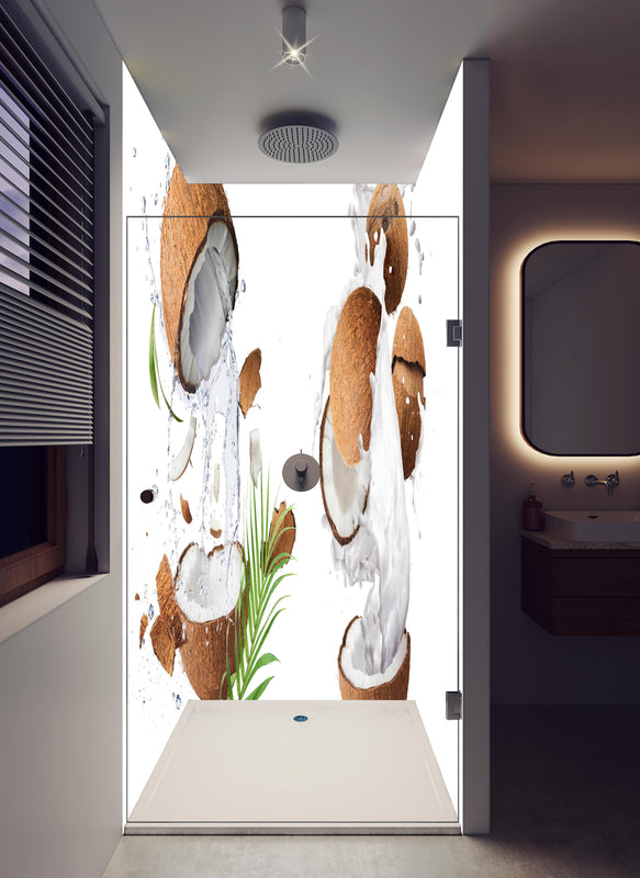 Duschrückwand - Kokosnuss mit frischem Milchspritzer in hellem Badezimmer mit Regenduschkopf  - zweiteilige Eck-Duschrückwand