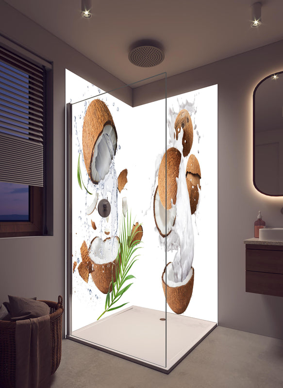 Duschrückwand - Kokosnuss mit frischem Milchspritzer in hellem Badezimmer mit Regenduschkopf  - zweiteilige Eck-Duschrückwand