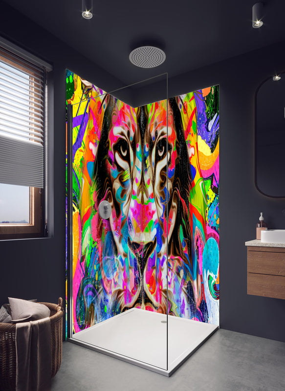 Duschrückwand - Kreative Darstellung eines Löwen in hellem Badezimmer mit Regenduschkopf  - zweiteilige Eck-Duschrückwand