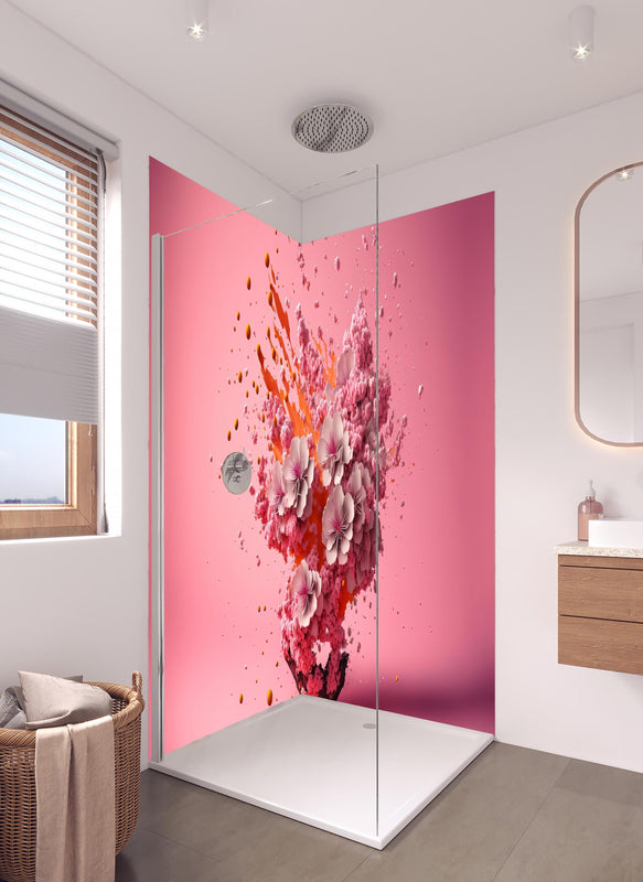 Duschrückwand - Kreative Kirschblüten Petalen Explosion in hellem Badezimmer mit Regenduschkopf  - zweiteilige Eck-Duschrückwand