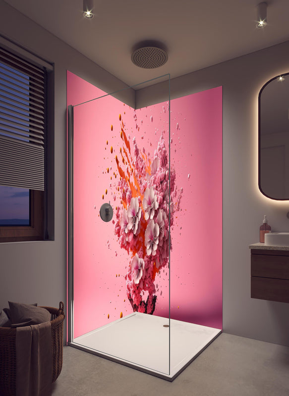 Duschrückwand - Kreative Kirschblüten Petalen Explosion in hellem Badezimmer mit Regenduschkopf  - zweiteilige Eck-Duschrückwand