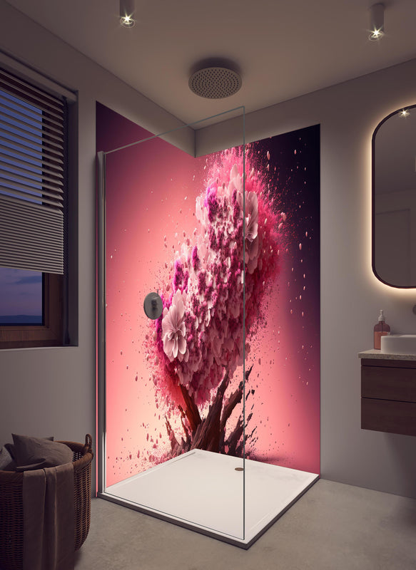 Duschrückwand - Kreative Kirschblütenblütenexplosion 3 in hellem Badezimmer mit Regenduschkopf  - zweiteilige Eck-Duschrückwand