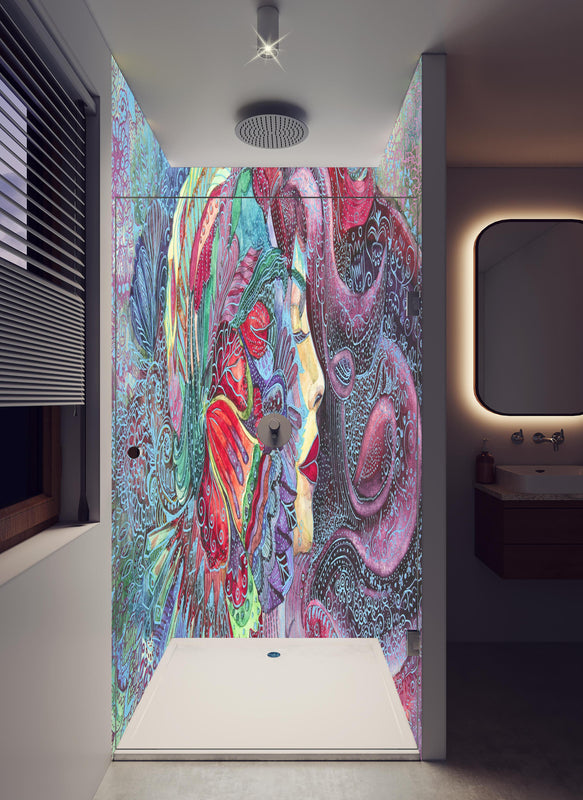 Duschrückwand - Kreatives Aquarell einer Frau in hellem Badezimmer mit Regenduschkopf  - zweiteilige Eck-Duschrückwand