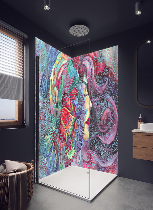 Duschrückwand - Kreatives Aquarell einer Frau in hellem Badezimmer mit Regenduschkopf  - zweiteilige Eck-Duschrückwand