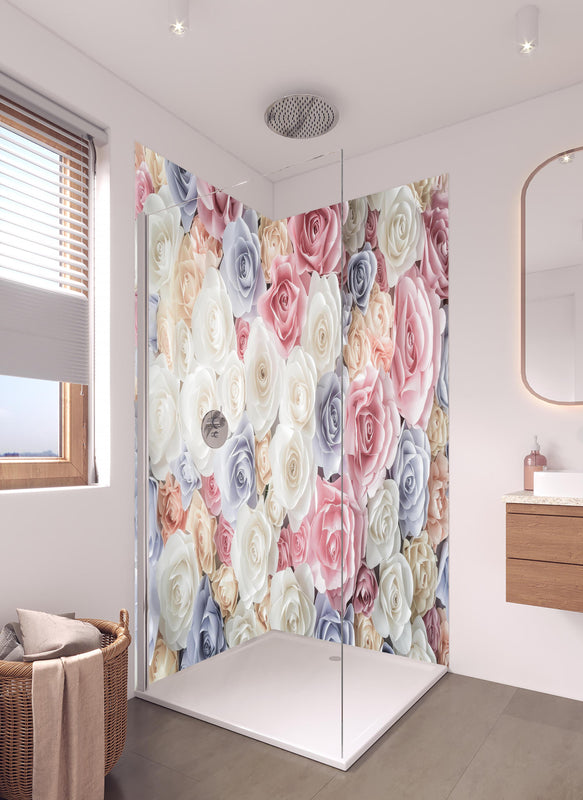 Duschrückwand - Kulisse aus bunten Papierrosen in hellem Badezimmer mit Regenduschkopf  - zweiteilige Eck-Duschrückwand