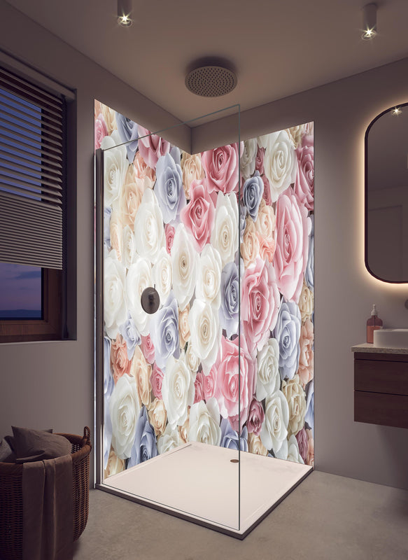 Duschrückwand - Kulisse aus bunten Papierrosen in hellem Badezimmer mit Regenduschkopf  - zweiteilige Eck-Duschrückwand