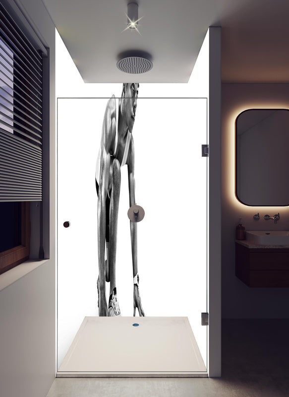 Duschrückwand - Läufer bereitet sich vor in hellem Badezimmer mit Regenduschkopf  - zweiteilige Eck-Duschrückwand