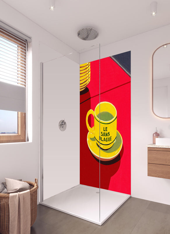 Duschrückwand - Le Sans Blague in hellem Badezimmer mit Regenduschkopf  - zweiteilige Eck-Duschrückwand