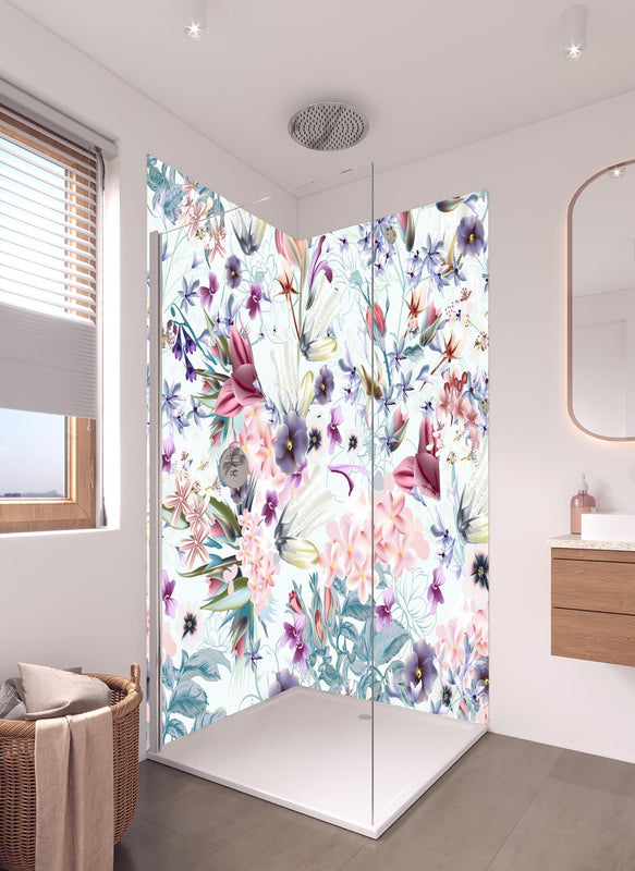 Duschrückwand - Lebendiges Blumenmuster auf Textilhintergrund in hellem Badezimmer mit Regenduschkopf  - zweiteilige Eck-Duschrückwand