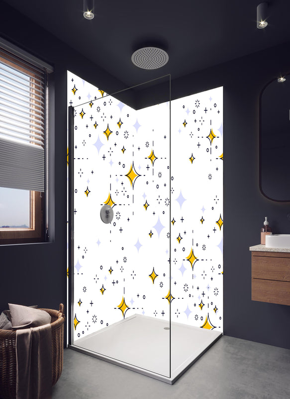 Duschrückwand - Leuchtend Gelb-Weißes Sternenmuster Design in hellem Badezimmer mit Regenduschkopf  - zweiteilige Eck-Duschrückwand