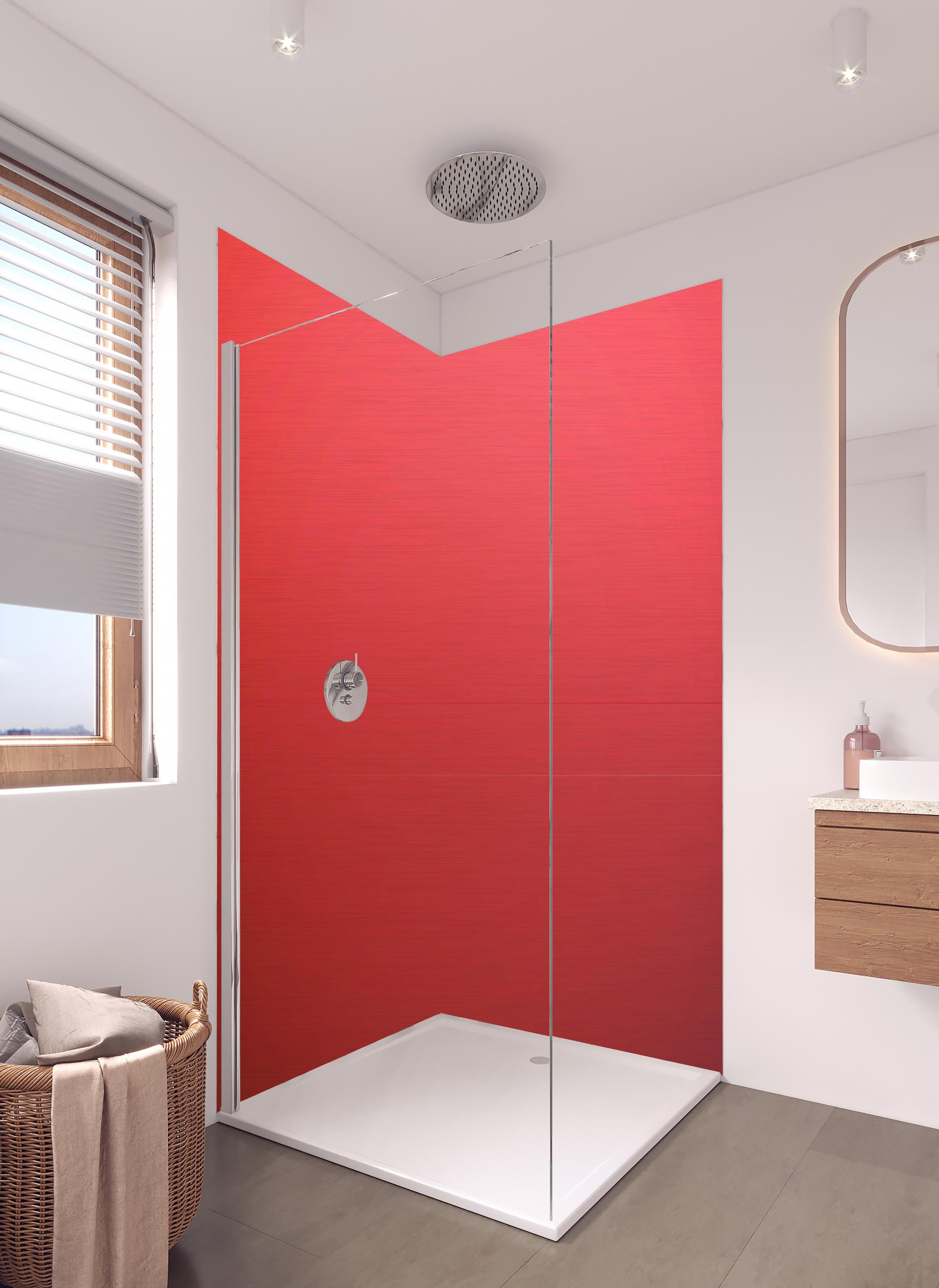 Duschrückwand - Leuchtend Rotes Unifarbenes Bild in hellem Badezimmer mit Regenduschkopf  - zweiteilige Eck-Duschrückwand