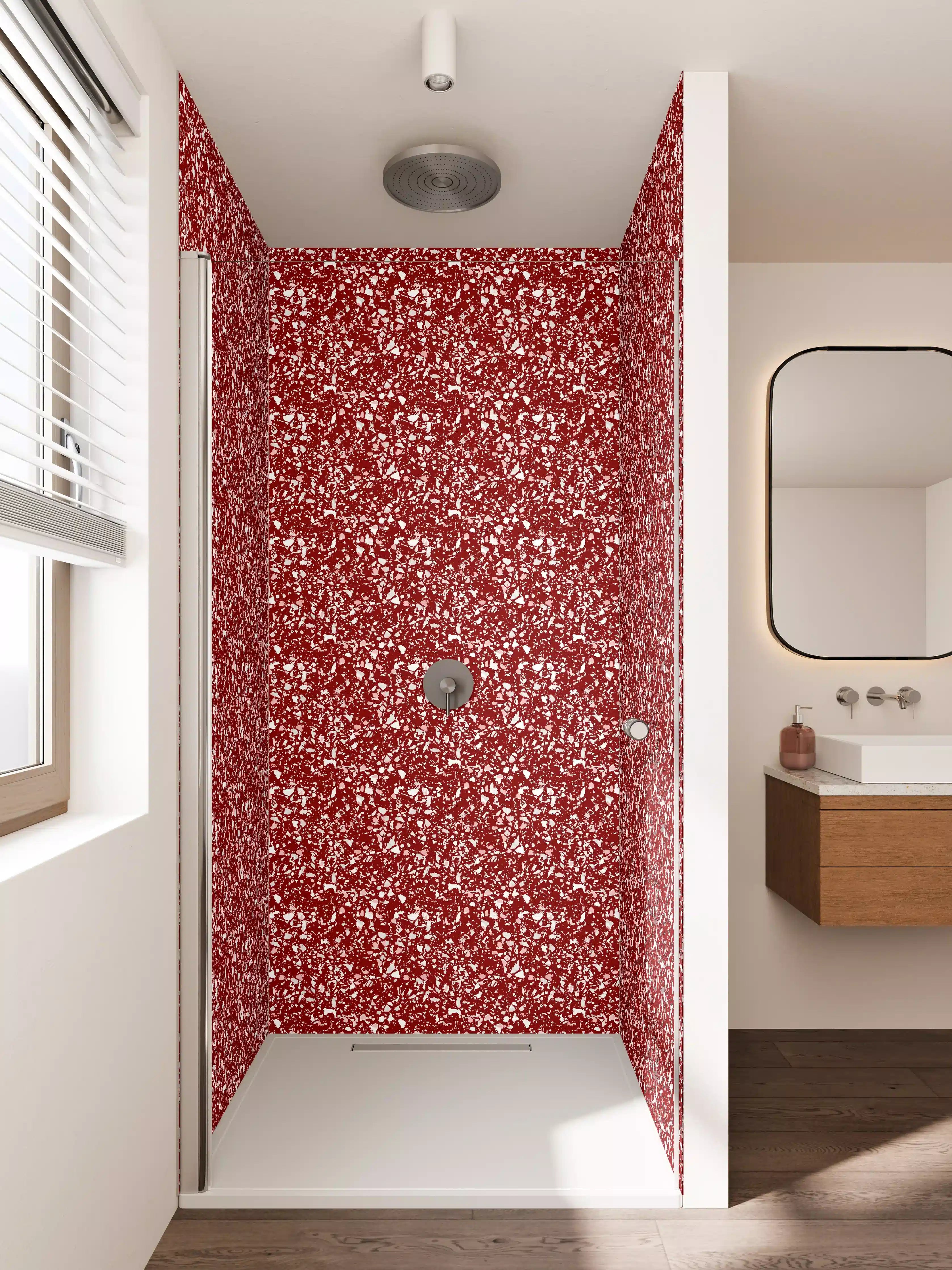 Duschrückwand - Leuchtend rote Glitter-Textur