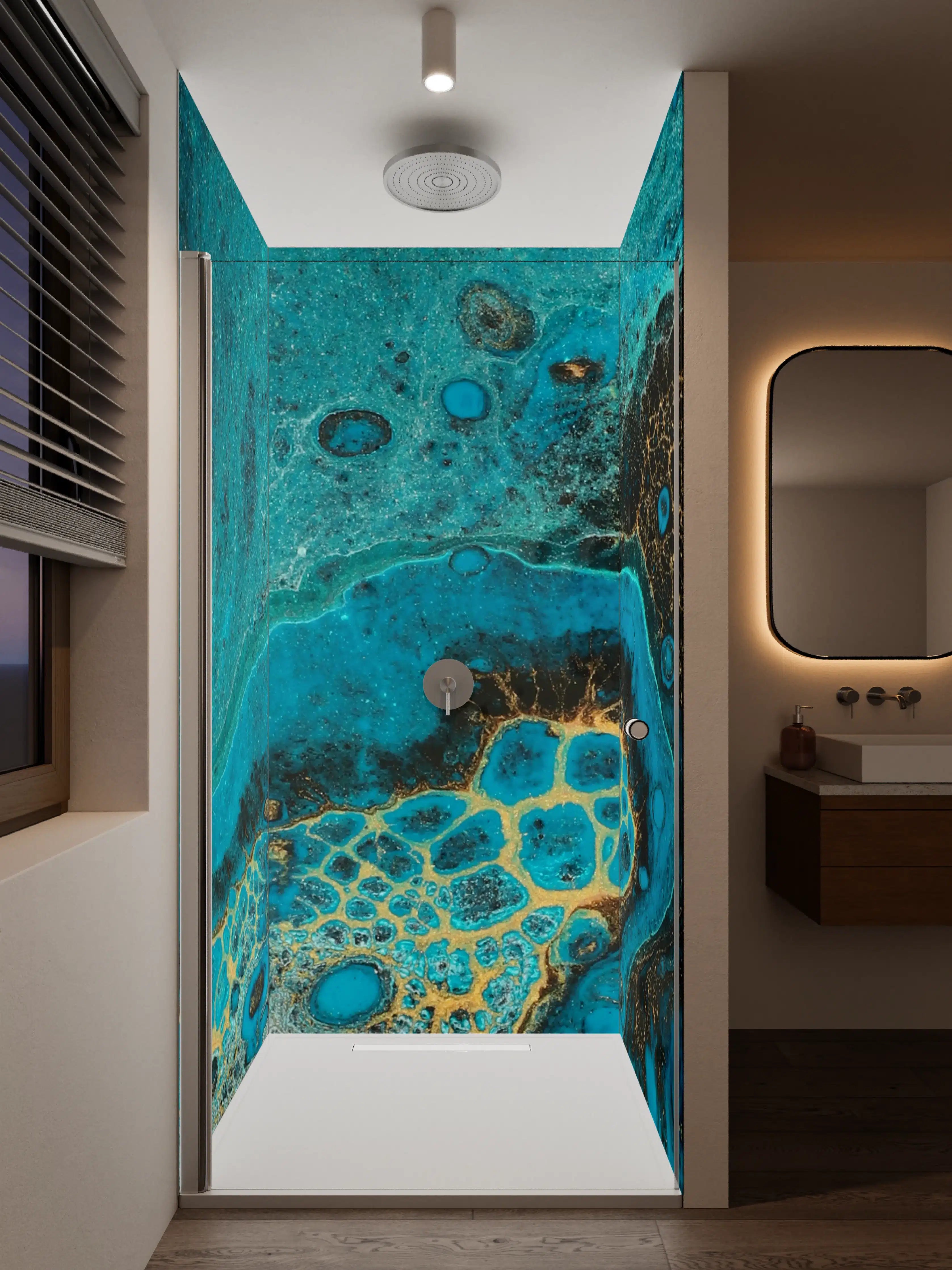 Duschrückwand - Leuchtendes Meeresmuster in Blau und Gold