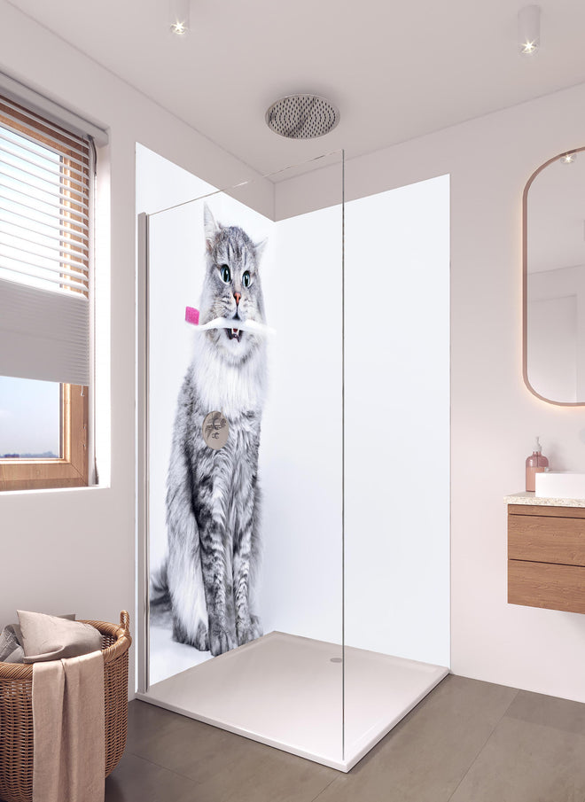 Duschrückwand - Lustige Katze mit Zahnbürste