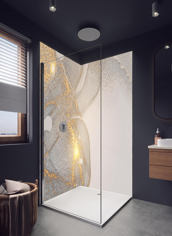 Duschrückwand - Luxuriöse Gold-Graue Alkohol Tinten Textur in hellem Badezimmer mit Regenduschkopf  - zweiteilige Eck-Duschrückwand