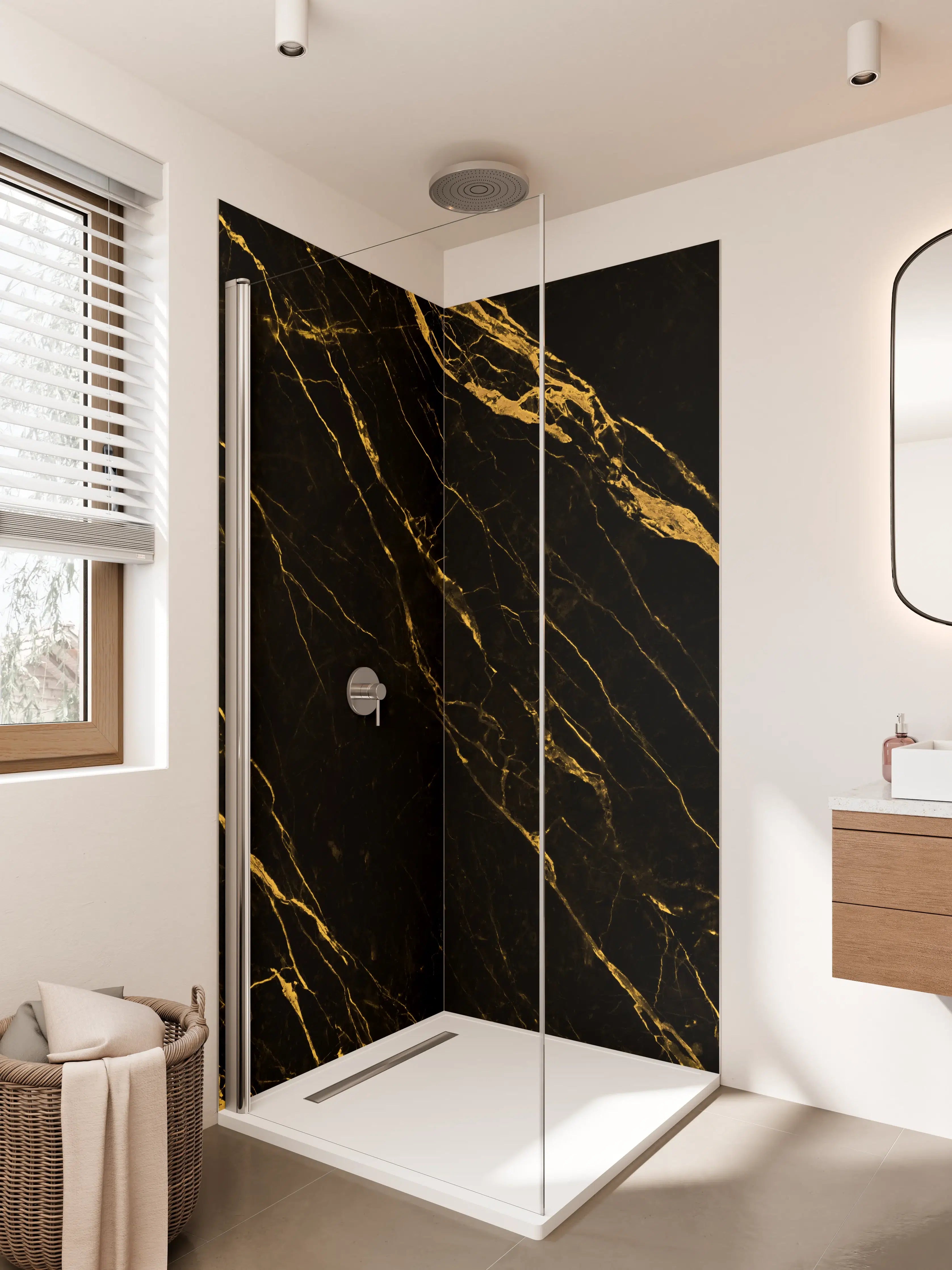 Duschrückwand - Luxus-Black-Gold-Marmor-Muster