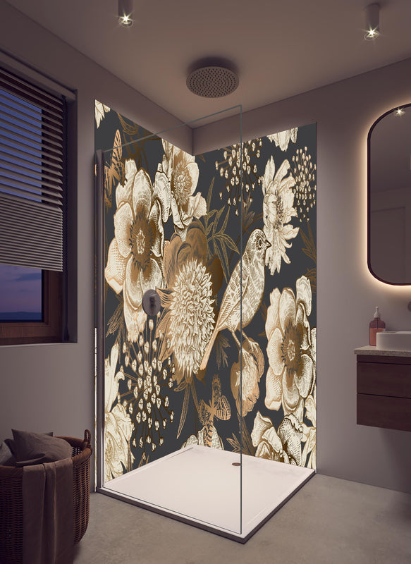 Duschrückwand - Luxus Gold-Peonien Vogel Muster in hellem Badezimmer mit Regenduschkopf  - zweiteilige Eck-Duschrückwand