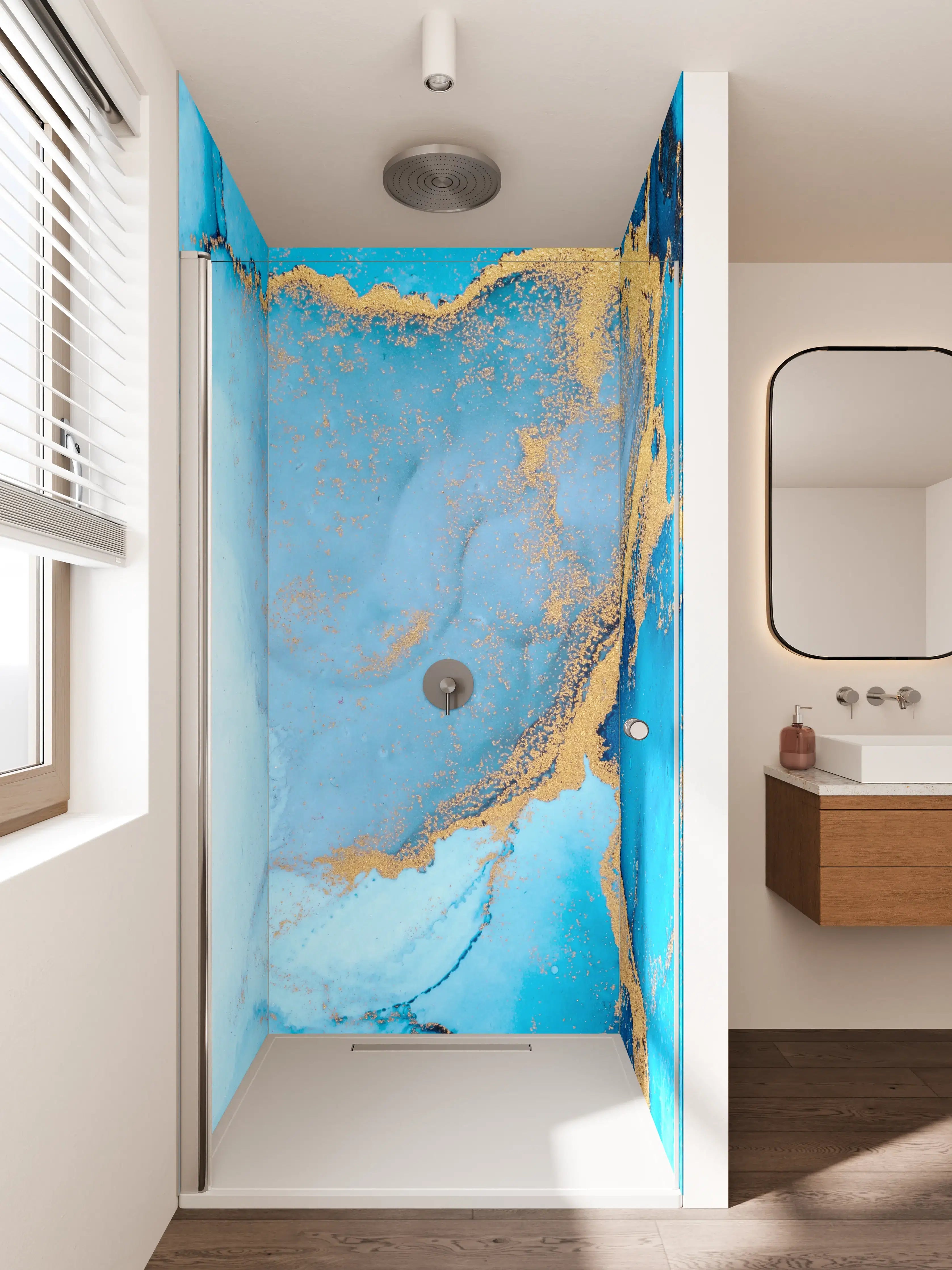 Duschrückwand - Luxus blau mit goldenem Stich - Tintenmalerei