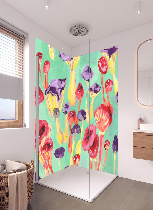 Duschrückwand - Magische Pilze - Gemälde in hellem Badezimmer mit Regenduschkopf  - zweiteilige Eck-Duschrückwand