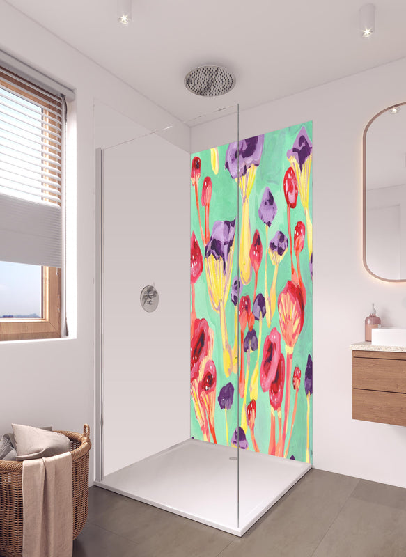 Duschrückwand - Magische Pilze - Gemälde in hellem Badezimmer mit Regenduschkopf  - zweiteilige Eck-Duschrückwand